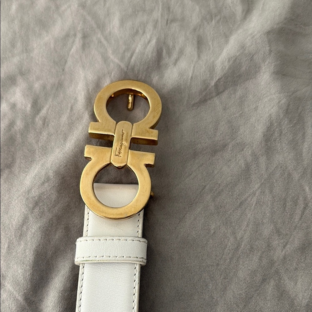 Salvatore Ferragamo Gold White Leather Belt